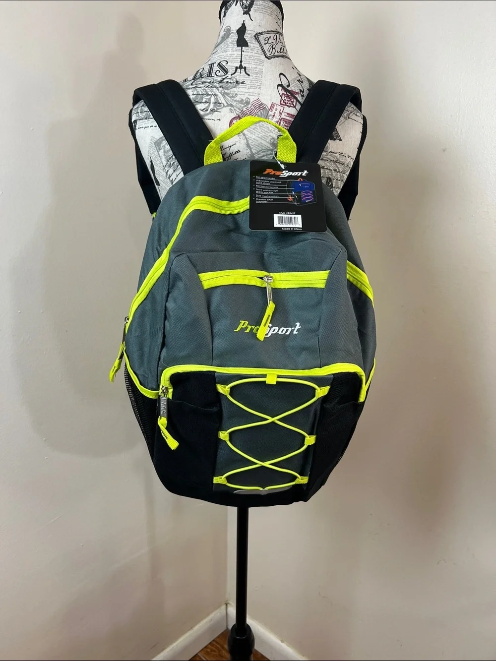 ProSport B2497 Gray & Neon Yellow Backpack School Travel Daypack NWT